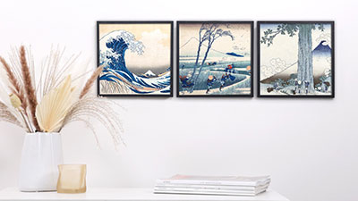 Wandcollage mit Hokusai Posterdruck