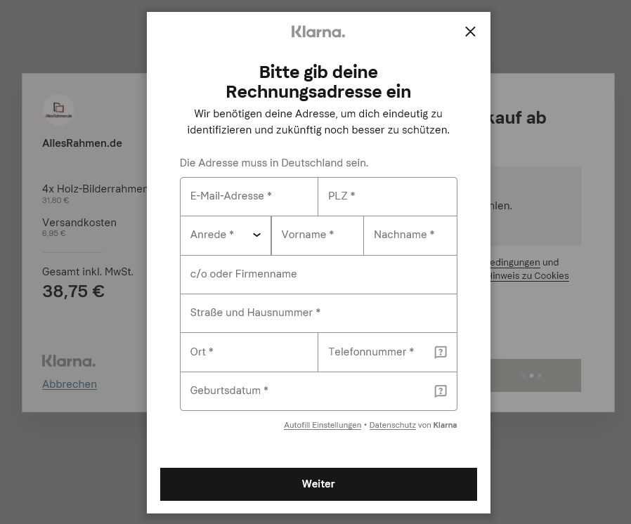 Rechnungskauf mit Klarna AllesRahmen.de
